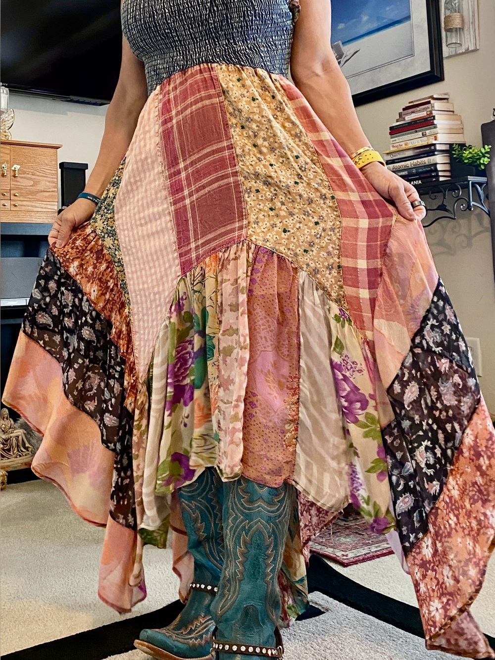 Bohemian Patchwork Maxi dress - Multicolor denim stretchy top NWT